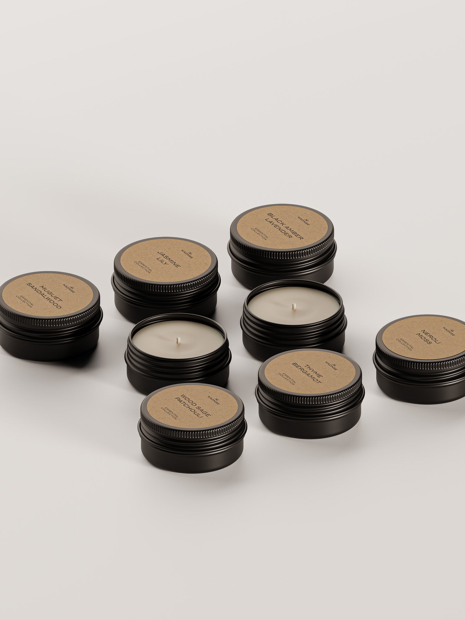 Kadnse Scent Discovery Set isometric view — 6 mini scented candles gift box, natural wax